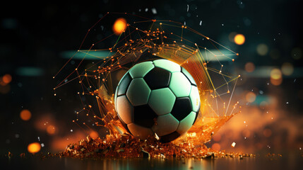Soccer ball floats in space, surrounded by glowing charts