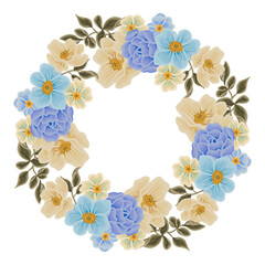Fototapeta premium Vintage romantic blue flower frame wreath with rose florals, peony, poppy, wildflowers, and leaf branch illustration elements