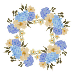Vintage romantic blue flower frame wreath with rose florals, peony, poppy, wildflowers, and leaf branch illustration elements
