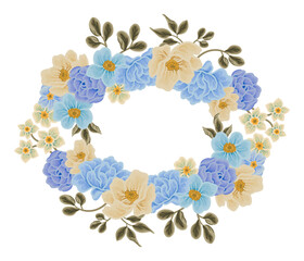 Vintage romantic blue flower frame wreath with rose florals, peony, poppy, wildflowers, and leaf branch illustration elements
