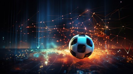 Fototapeta premium Soccer ball floats in space, surrounded by glowing charts