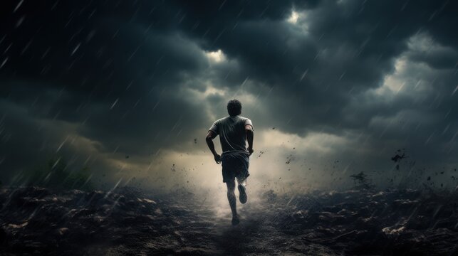 The runner pushes forward, braving the oncoming storm
