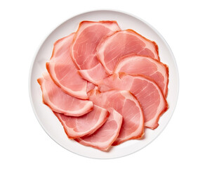 Slices of ham on the white plate isolated on transparent background, top view