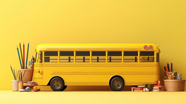 3d rendered yellow school bus with school supplies yellow background