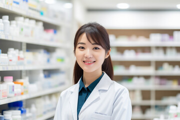 ドラッグストアで働く笑顔の女性薬剤師