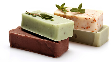 Assortment of colorful pieces of natural homemade soap with herbs, fruits and flowers, top view
