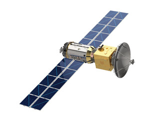 Satellite dish with solar panel isolated on white