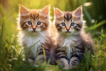 Naklejka na ściany i meble Two cute kittens standing in green grass. Generative AI