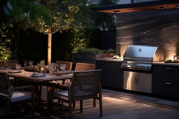 Fototapeta na wymiar Outdoor kitchen with a stainless gas grill. Generative AI