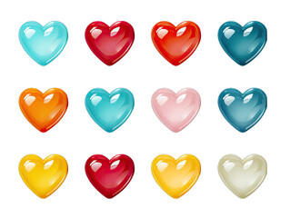 3D Hearts Icon Set Isolated on Transparent or White Background, PNG