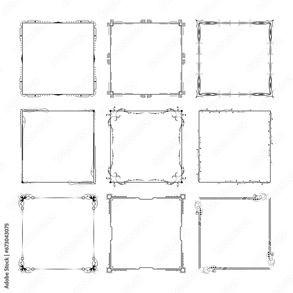 Aufkleber set black simple line frame collection doodle square floral frame elements vector design style sketc