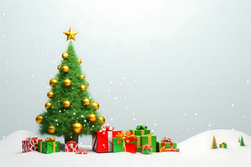 christmas tree decorations, santa claus with gifts, snowman in the snow, christmas gift boxes	