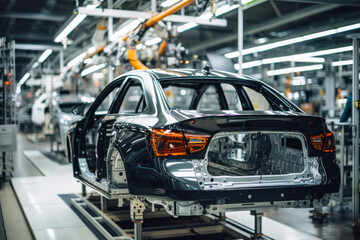 Obraz premium Car production line. Assembling a car on a conveyor belt. Close-up of a car body. Automotive industry Interior of a high-tech factory, modern production.