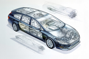 Fototapeta premium Projection of a modern car. 3D graphic visualization shows the analysis and optimization of a fully developed vehicle prototype. Modern technologies of mechanical engineering.