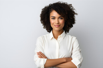 Young African American girl with a smiling portrait, looking at the camera confidently with arms crossed, She stands as a successful businesswoman, exuding happiness, Isolated on a white background,