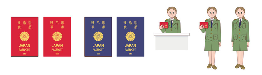 日本のパスポートと入国審査官、ベクターイラスト