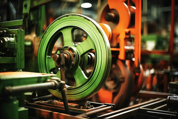Fototapeta na wymiar Photo of a detailed shot of a mechanical device with a vibrant green rotating wheel. Modern metal processing at an industrial enterprise. Manufacturing of high-precision parts and mechanisms.