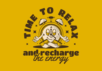 Time to relax. Alarm clock mascot character in meditation pose