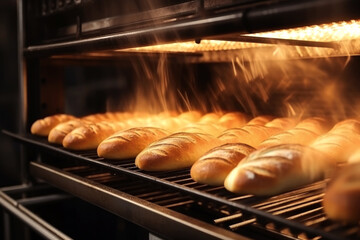 Bread in the oven at a bakery. Production and baking of fresh bread. Industrial furnace. Baking bread. Fire, smoke and steam. Close-up.