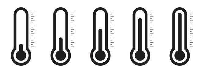 Temperature Symbol Set .Five vector thermometer showing the temperature . Thermometer icon. - obrazy, fototapety, plakaty