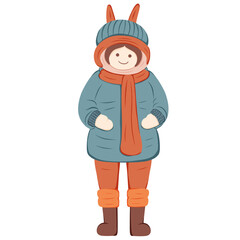 Vector illustration of winter fashion clothes, cartoon child wearing warm clothes.