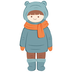 The vector illustration depicts young children and teenagers wearing warm clothing during winter