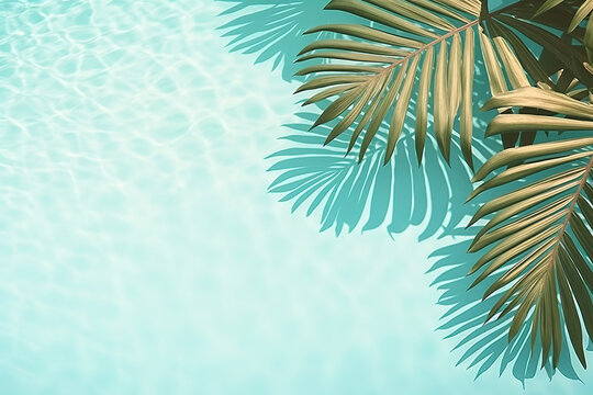 abstract wallpaer with clear water in the pool and plants, palm leaves, empty copy space
