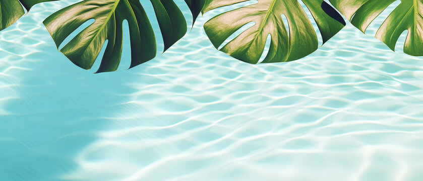 abstract wallpaer with clear water in the pool and plants, palm leaves, empty copy space
