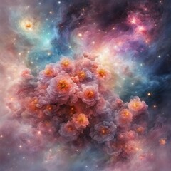 space bouquet of flowers, radiant nebula, star clusters and gas clouds shining brightly, celestial, otherwordly, abstract, space art