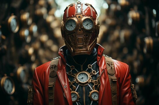 AI generated illustration of a robot adorned with a mask with clocks in its eyes