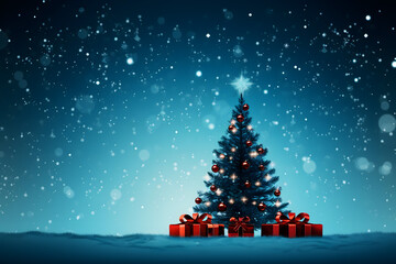 christmas tree decorations, santa claus with gifts, snowman in the snow, christmas gift boxes	