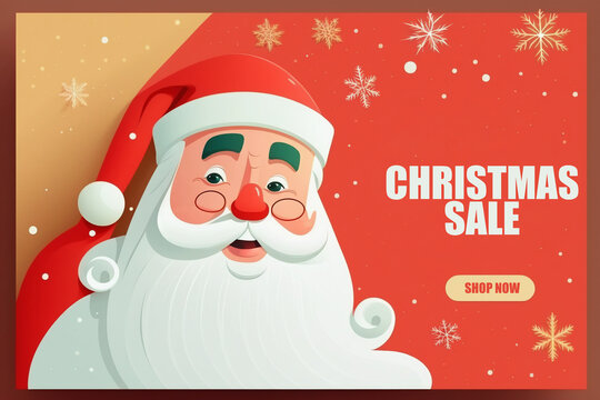 Christmas Sale Banner Design. Merry Chritsmas And Happy Holidays Greeting Text With Santa Cluas Character In Gift Box Elements.  Illustration Seasonal Discount Promo