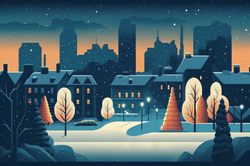 Banner Design for Holiday season. Winter and christmas cityscape with walking people. illustration of winter city	