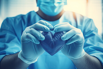 A doctor in blue medical gloves makes a heart out of his hands. Close up.The concept of care and protection. A cardiologist in rubber gloves shows the heart. - obrazy, fototapety, plakaty