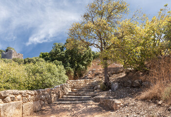 Fototapeta na wymiar Stone steps in the courtyard in the medieval fortress of Nimrod - Qalaat al-Subeiba located near the border with Syria and Lebanon in the Golan Heights, in northern Israel