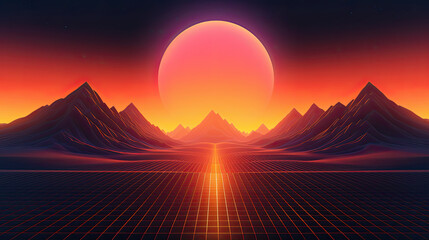3d rendering, Virtual reality, sunset between the mountains. Design in the style of the 80s. Futuristic synthesizer retro wave illustration,