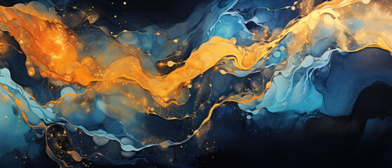 Abstract Marbled Acrylic Paint Ink Wave in Copper and Indigo - obrazy, fototapety, plakaty