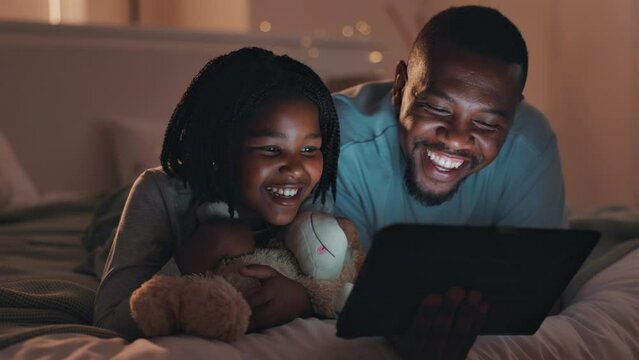 Bed, night and kid with father, tablet and happiness with cartoon, home and relax with connection. Black family, parent and dad with daughter, child and girl with technology, social media or internet