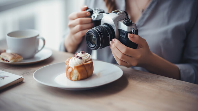 woman taking pictures of food with camera 