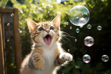 シャボン玉で遊ぶ可愛い子ネコ