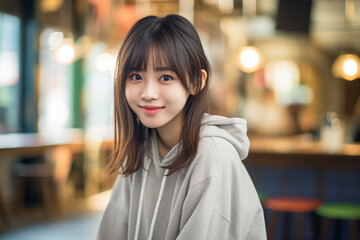 グレーのパーカーを着た笑顔の女性