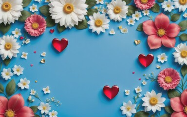 A blue background with hearts and flowers
