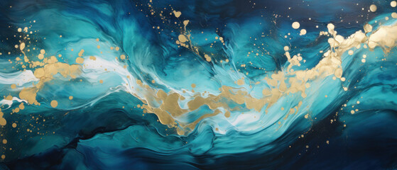 Abstract Marbled Acrylic Paint Ink Wave: Peacock Blue