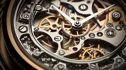 Gears and cogs in clockwork watch mechanism. Craft and precision - elegant detailed stainless steel and metal and beautiful, Generative Ai