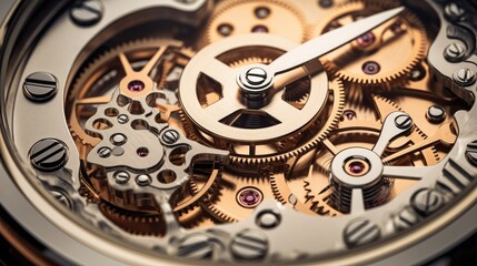 Fototapeta na wymiar Gears and cogs in clockwork watch mechanism. Craft and precision - elegant detailed stainless steel and metal and beautiful, Generative Ai