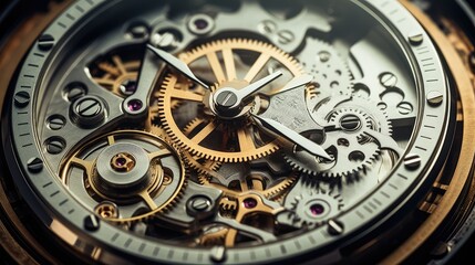 Fototapeta na wymiar Gears and cogs in clockwork watch mechanism. Craft and precision - elegant detailed stainless steel and metal and beautiful, Generative Ai