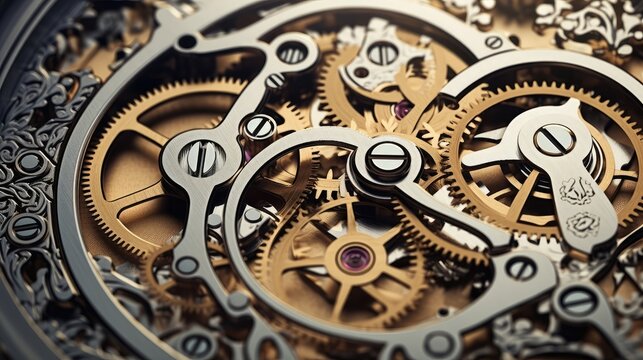 Gears and cogs in clockwork watch mechanism. Craft and precision - elegant detailed stainless steel and metal and beautiful, Generative Ai