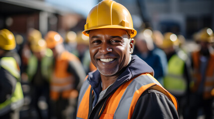 Fototapeta premium smiling builder on diverse construction site wearing a hard hat