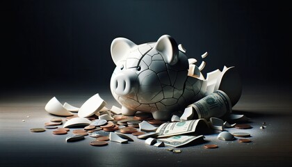 Broken Piggy Bank with Coins - obrazy, fototapety, plakaty