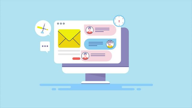 Online customer support system, chat and email communication, technical assistant video animation 2d clip.